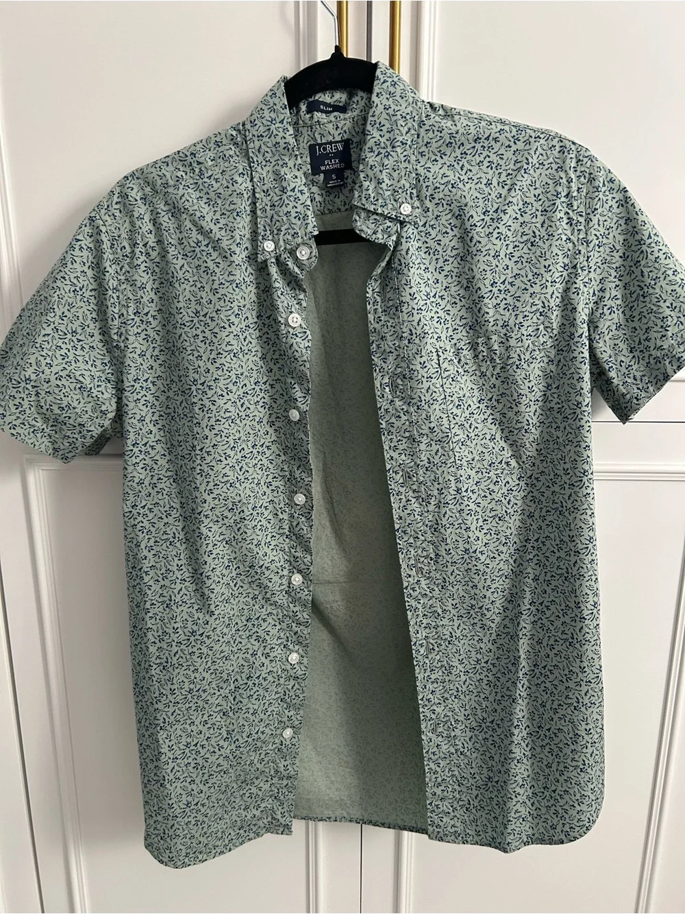 J. Crew Men's Short-Sleeve Slim Button-Down Shirt in Light Green with Navy Print